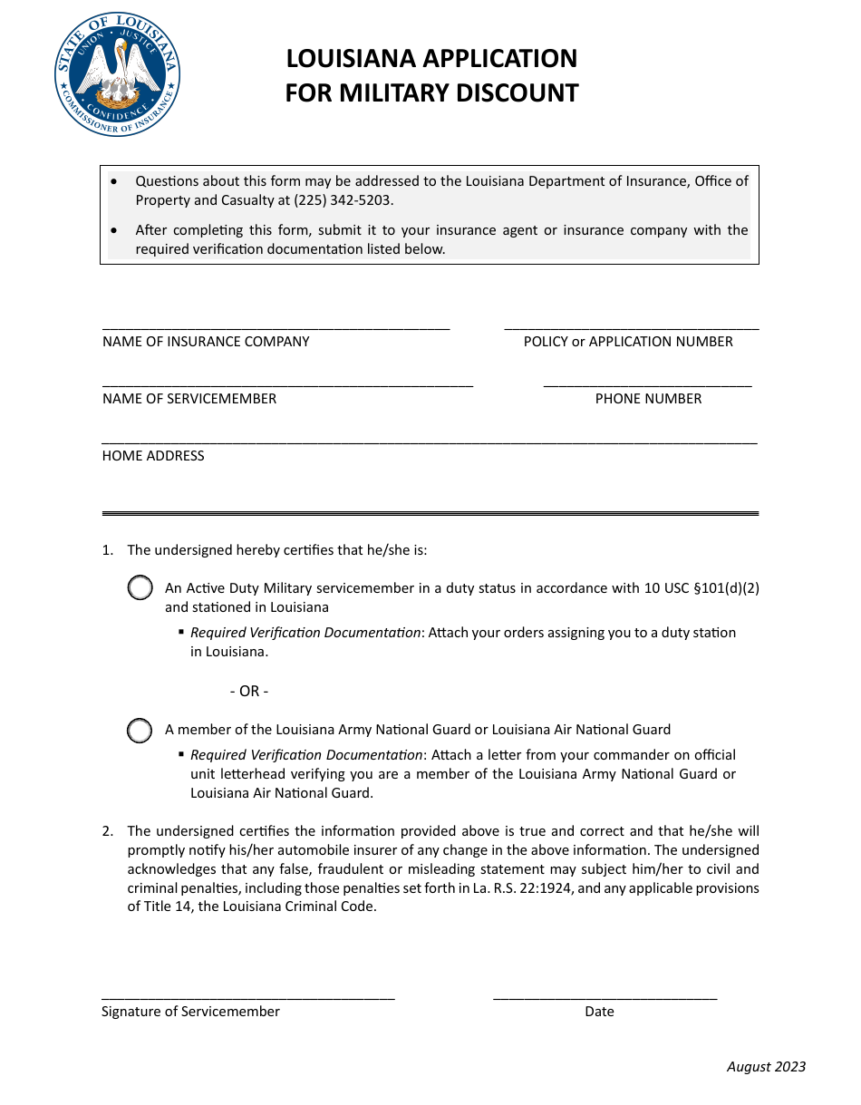 Louisiana Application for Military Discount - Louisiana, Page 1