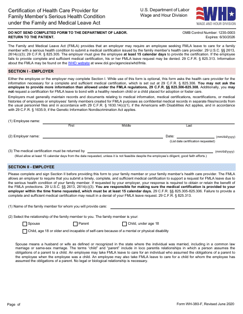 Form WH-380-F Certification of Health Care Provider for Family Member's Serious Health Condition Under the Family and Medical Leave Act