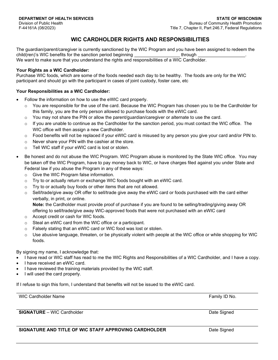 Form F-44161A Wic Cardholder Rights and Responsibilities - Wisconsin, Page 1