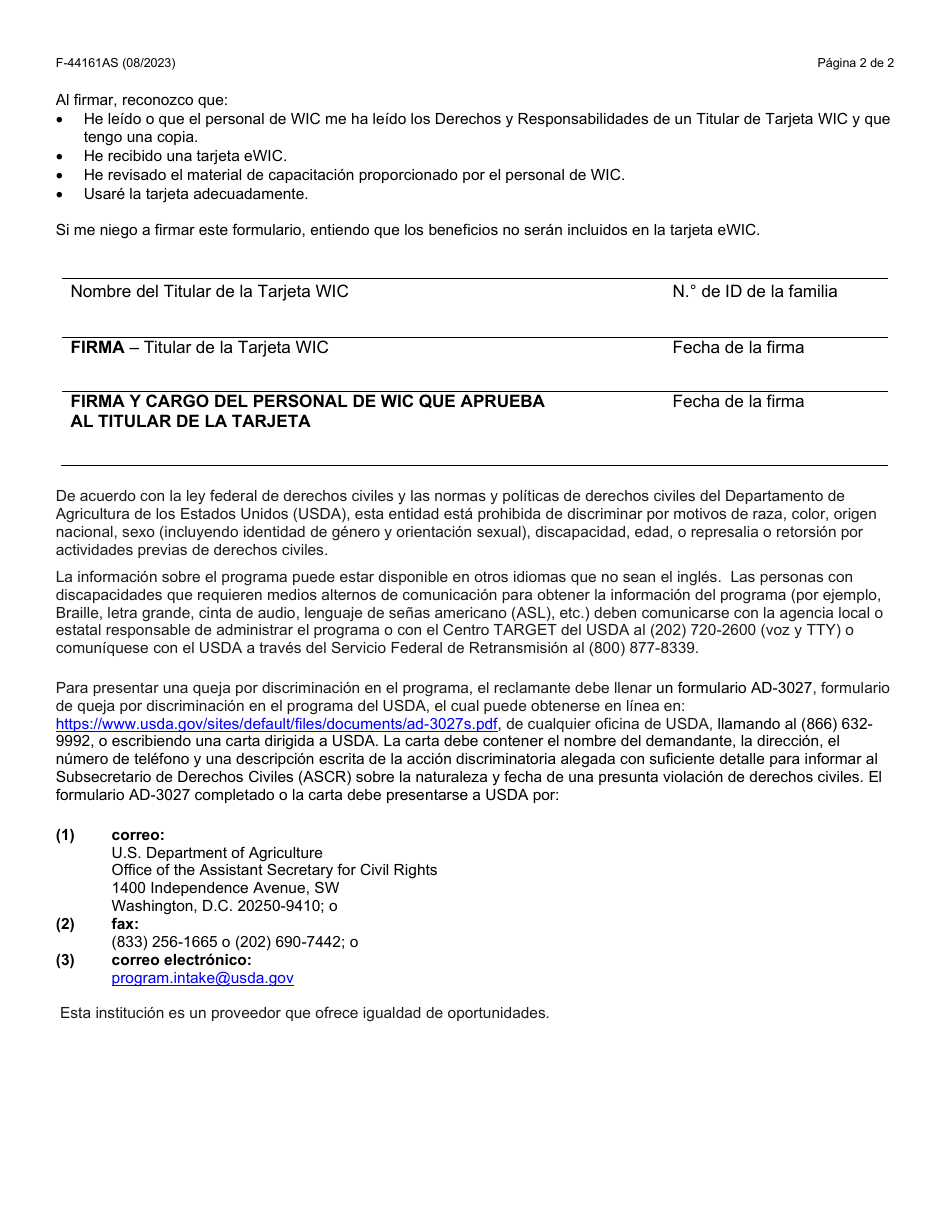 Formulario F-44161AS Derechos Y Responsabilidades De Los Titulares De La Tarjeta Wic - Wisconsin (Spanish), Page 2