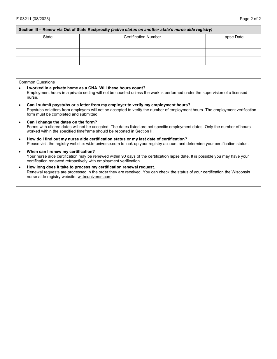 Form F-03211 Wisconsin Nurse Aide Registry Renewal Form - Wisconsin, Page 2
