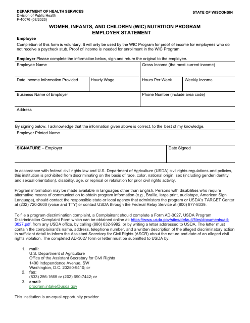Form F-40076 Employer Statement - Women, Infants, and Children (Wic) Nutrition Program - Wisconsin
