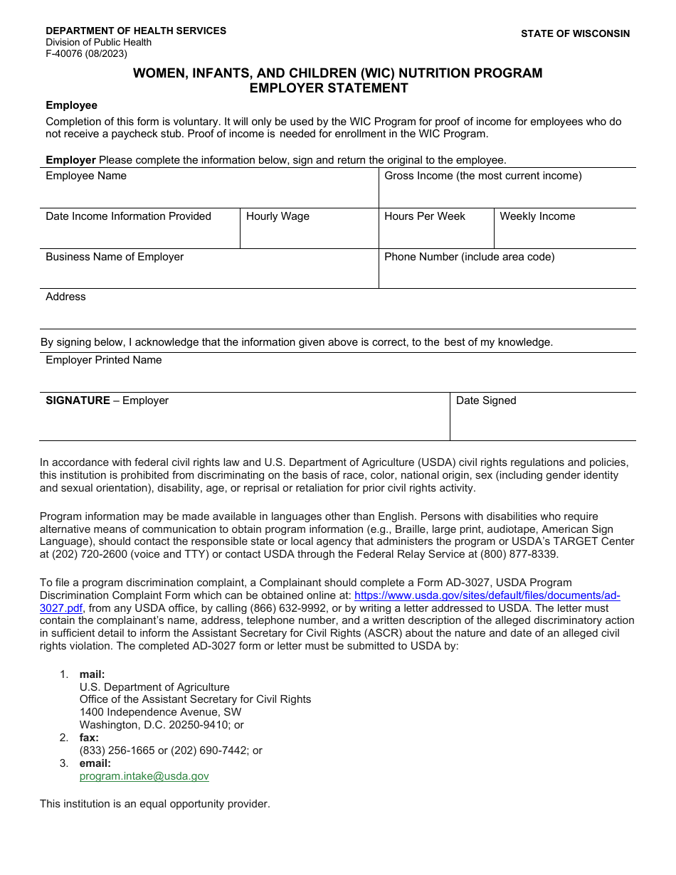 Form F-40076 Employer Statement - Women, Infants, and Children (Wic) Nutrition Program - Wisconsin, Page 1