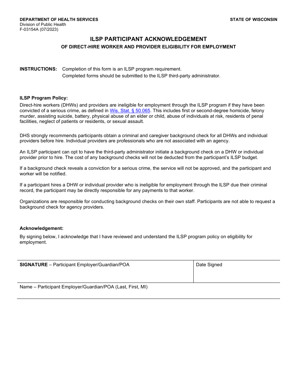 Form F-03154A Ilsp Participant Acknowledgement of Direct-Hire Worker and Provider Eligibility for Employmen - Wisconsin, Page 1