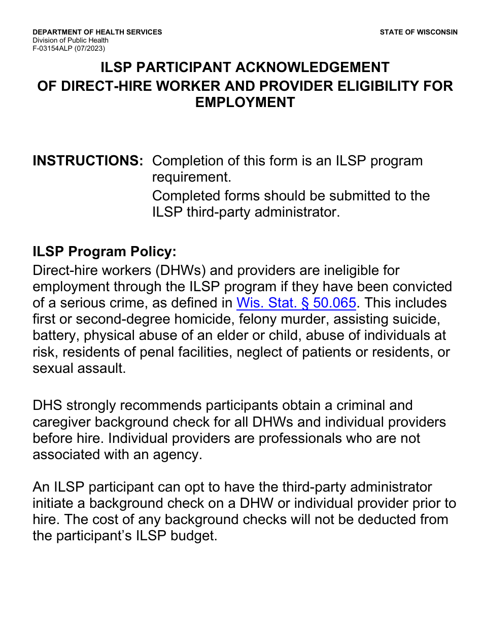 Form F-03154ALP Ilsp Participant Acknowledgement of Direct-Hire Worker and Provider Eligibility for Employment - Large Print - Wisconsin, Page 1
