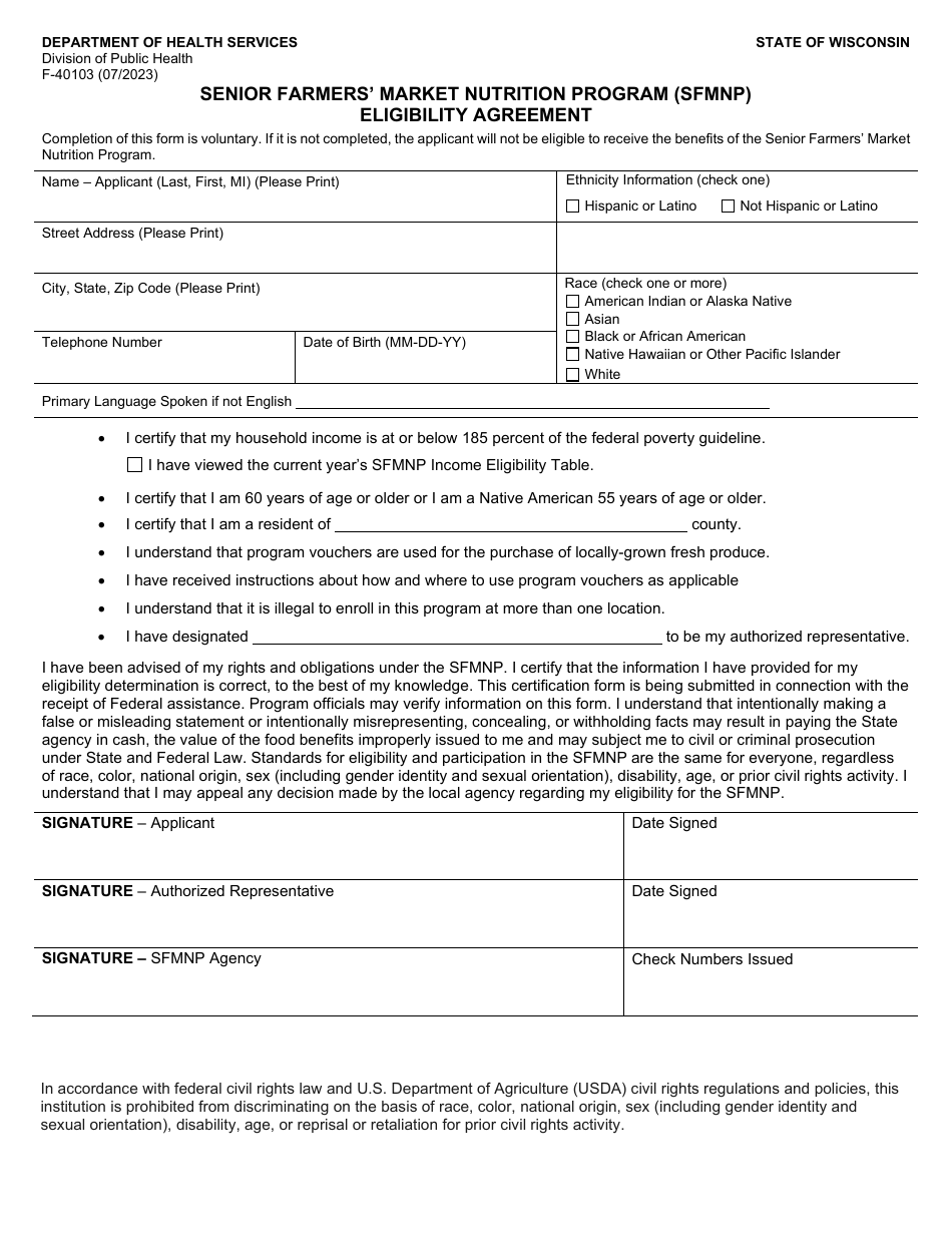Form F-40103 Eligibility Agreement - Senior Farmers Market Nutrition Program (Sfmnp) - Wisconsin, Page 1