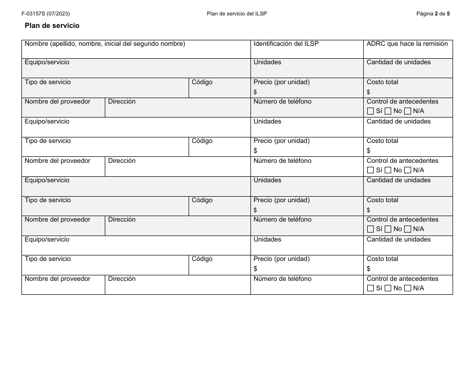 Formulario F-03157S Plan De Servicio Del Independent Living Supports Pilot (Piloto De Apoyos Para La Vida Independiente, Ilsp) - Wisconsin (Spanish), Page 2