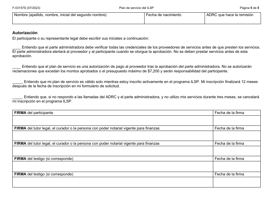 Formulario F-03157S Plan De Servicio Del Independent Living Supports Pilot (Piloto De Apoyos Para La Vida Independiente, Ilsp) - Wisconsin (Spanish), Page 5