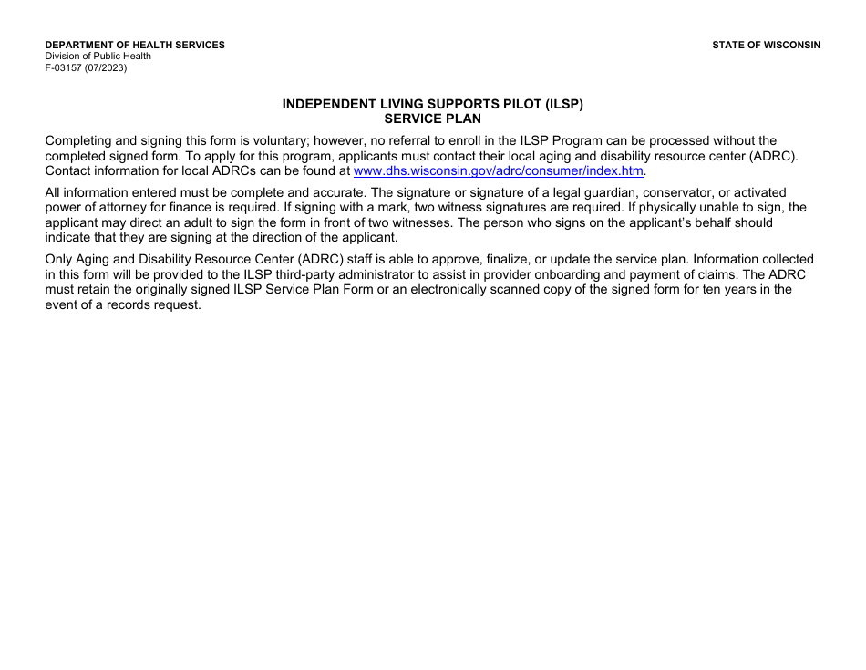 Form F-03157 Independent Living Supports Pilot (Ilsp) Service Plan - Wisconsin, Page 1