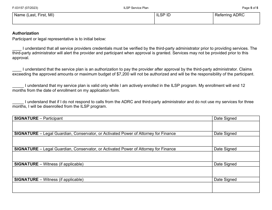 Form F-03157 Independent Living Supports Pilot (Ilsp) Service Plan - Wisconsin, Page 5