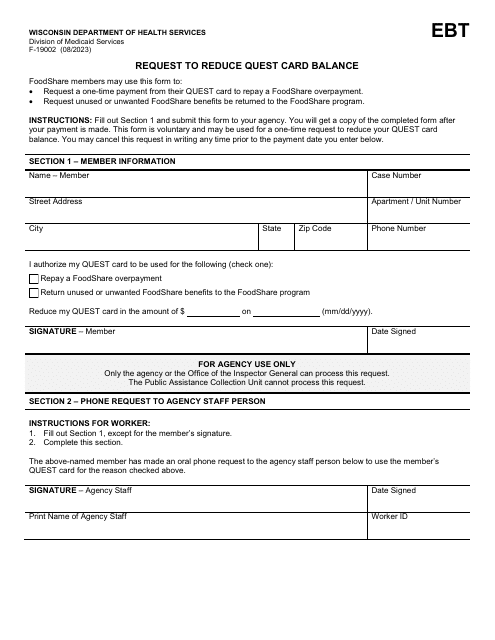 Form F-19002 Request to Reduce Quest Card Balance - Wisconsin
