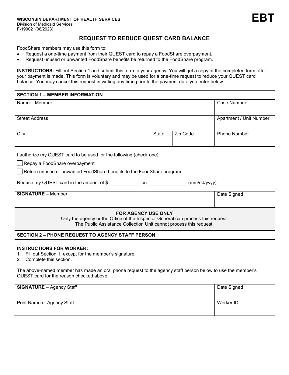 Form F-19002 Request to Reduce Quest Card Balance - Wisconsin, Page 1