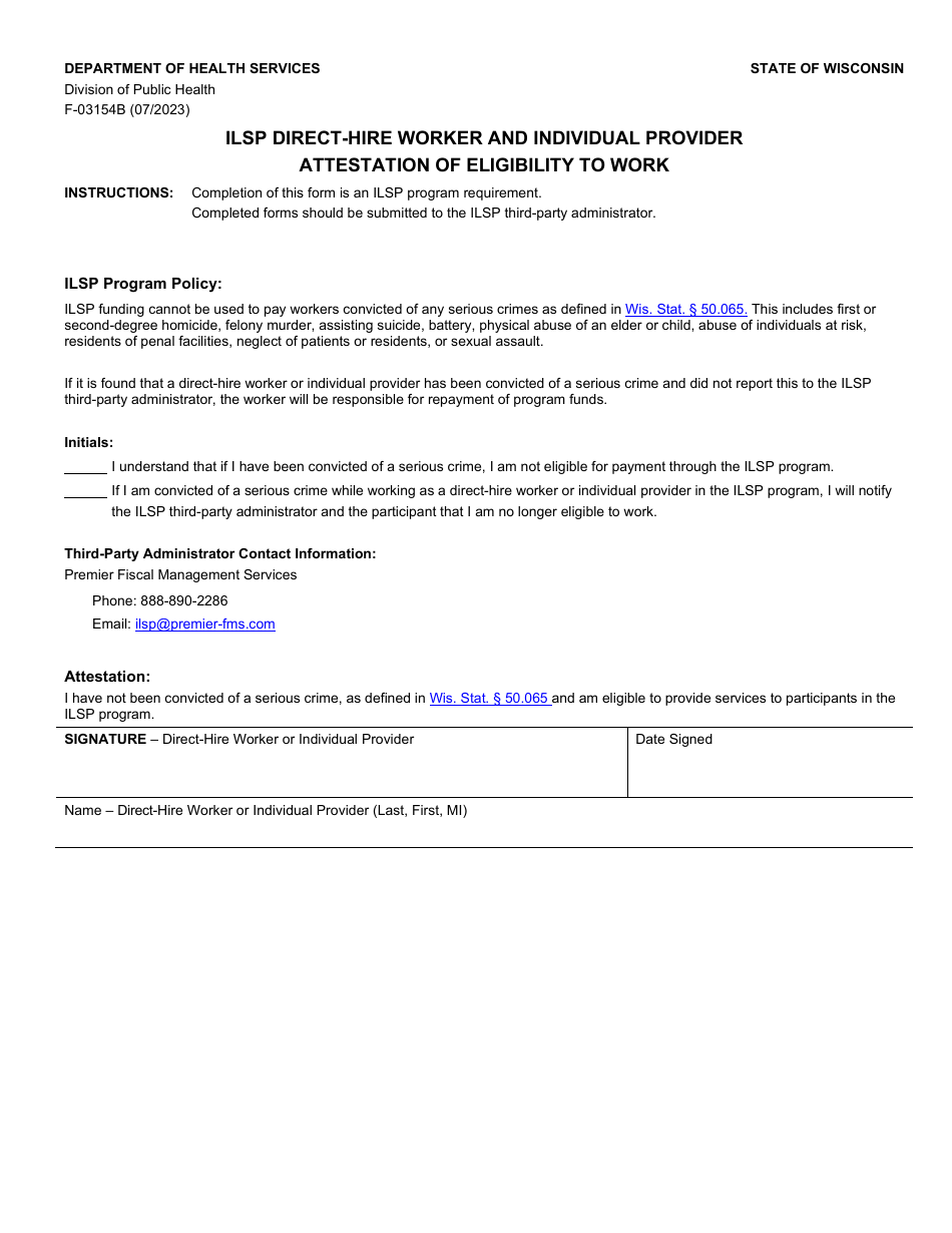 Form F-03154B Ilsp Direct-Hire Worker and Individual Provider Attestation of Eligibility to Work - Wisconsin, Page 1