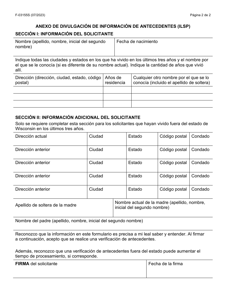 Formulario F-03155S Anexo De Divulgacion De Informacion De Antecedentes (Ilsp) - Wisconsin (Spanish), Page 2