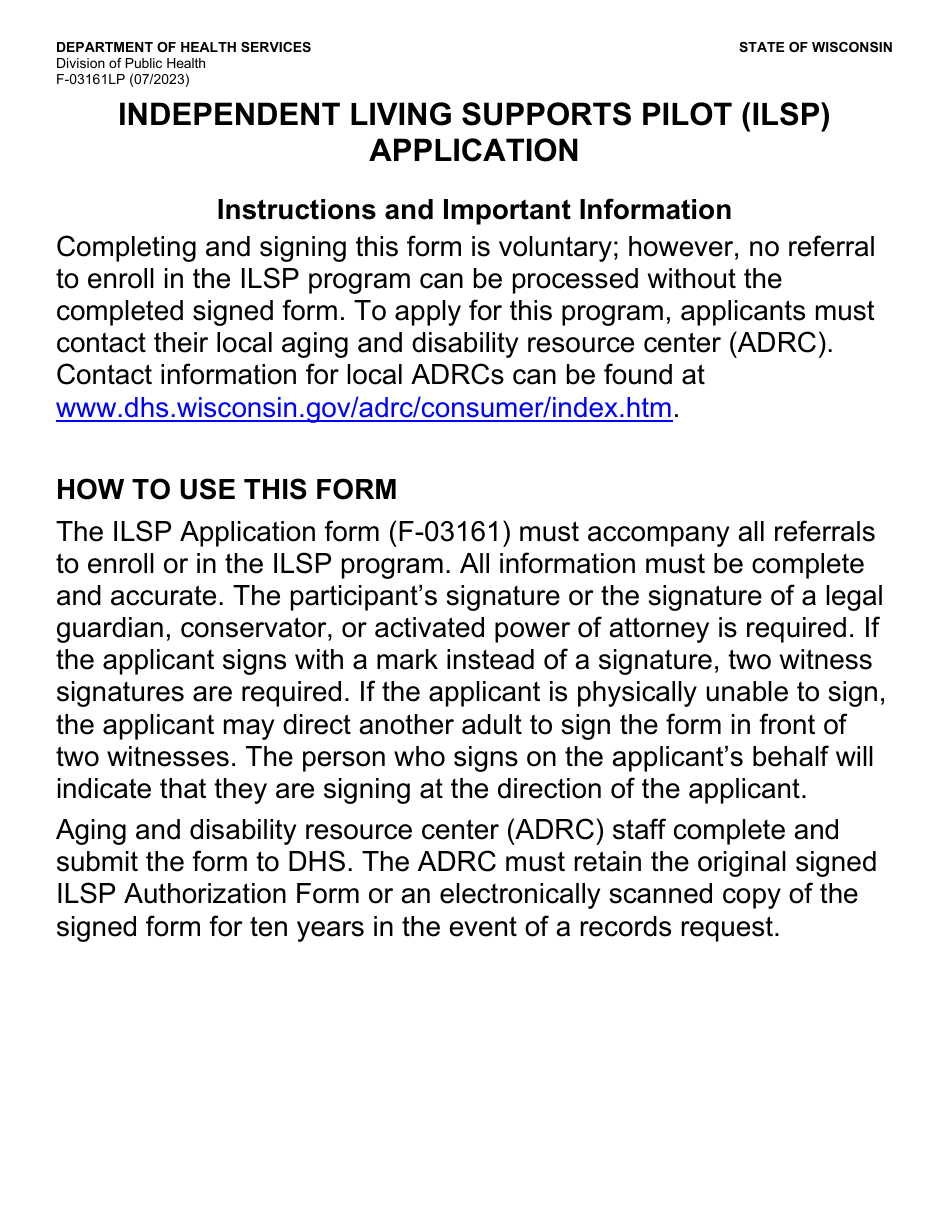 Form F-03161LP Independent Living Supports Pilot (Ilsp) Application - Wisconsin, Page 1