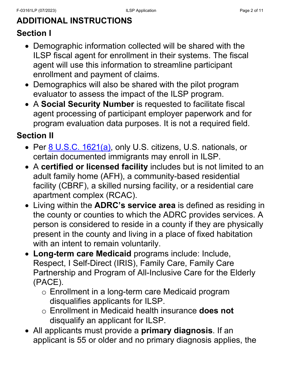 Form F-03161LP Independent Living Supports Pilot (Ilsp) Application - Wisconsin, Page 2