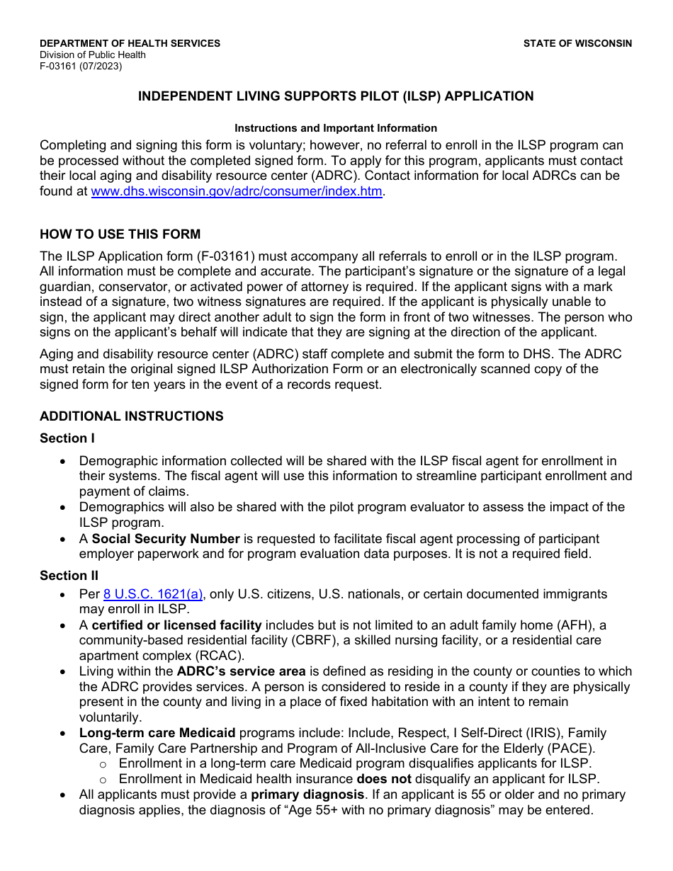 Form F-03161 Independent Living Supports Pilot (Ilsp) Application - Wisconsin, Page 1
