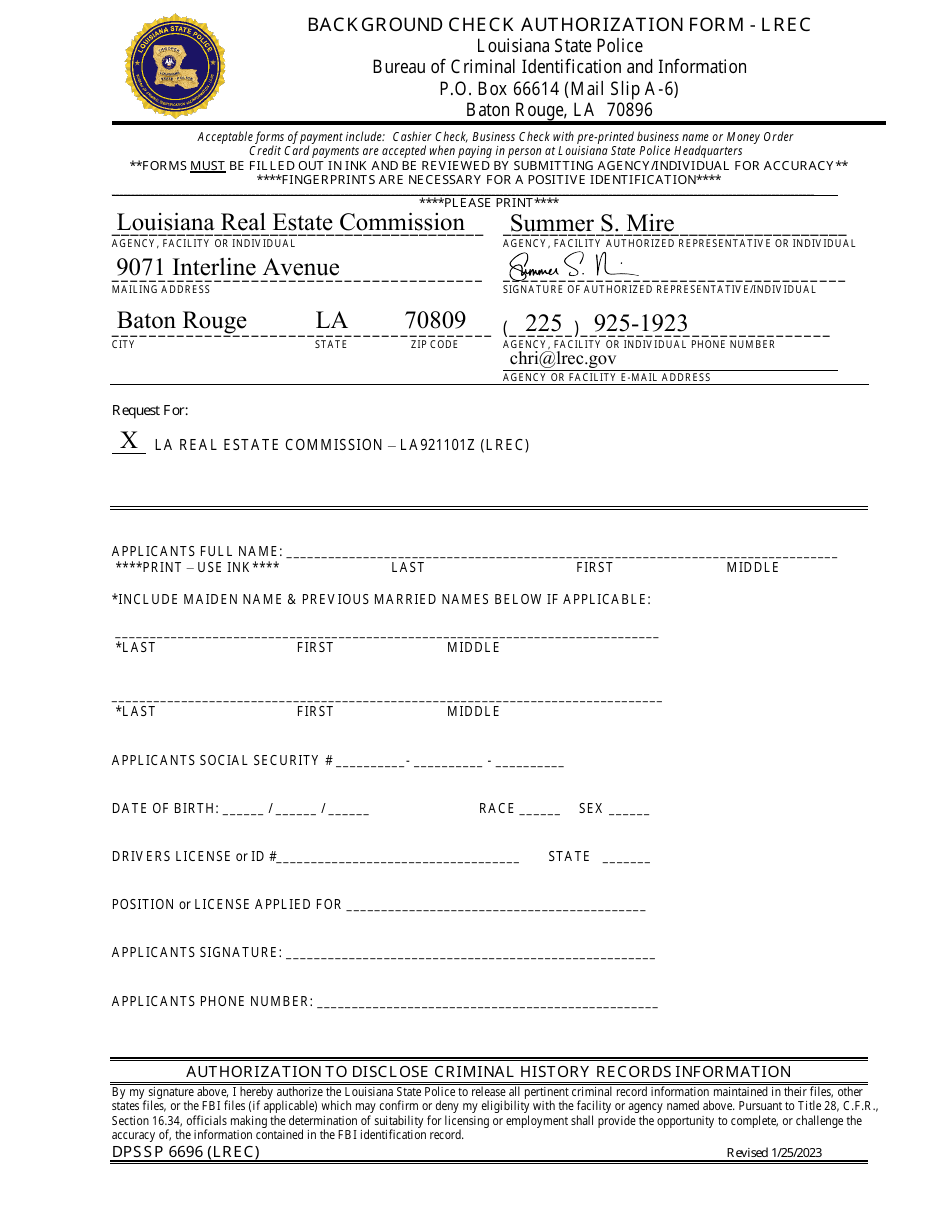 Form DPSSP6696 (LREC) Background Check Authorization Form - Lrec - Louisiana, Page 1