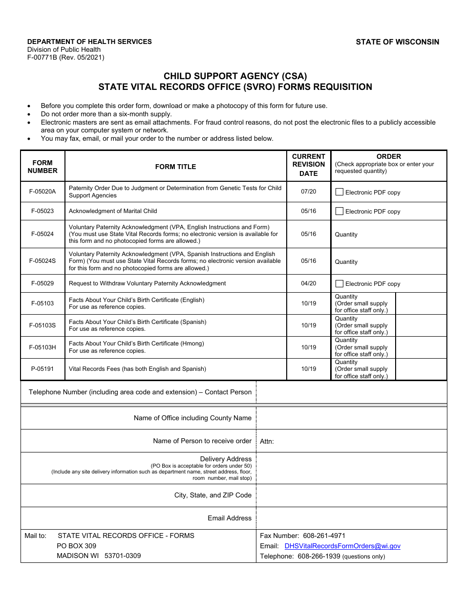 Form F-00771B Child Support Agency (Csa) State Vital Records Office (Svro) Forms Requisition - Wisconsin, Page 1