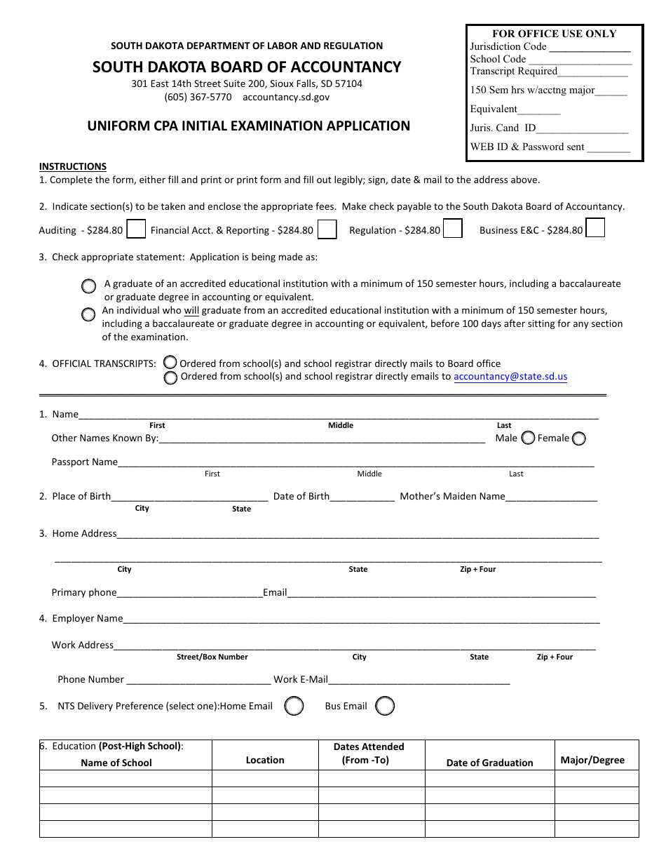 Uniform CPA Initial Examination Application - South Dakota, Page 1