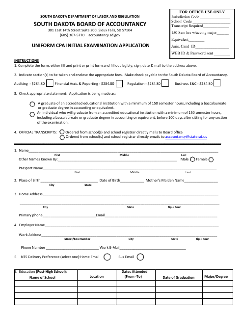 Uniform CPA Initial Examination Application - South Dakota Download Pdf