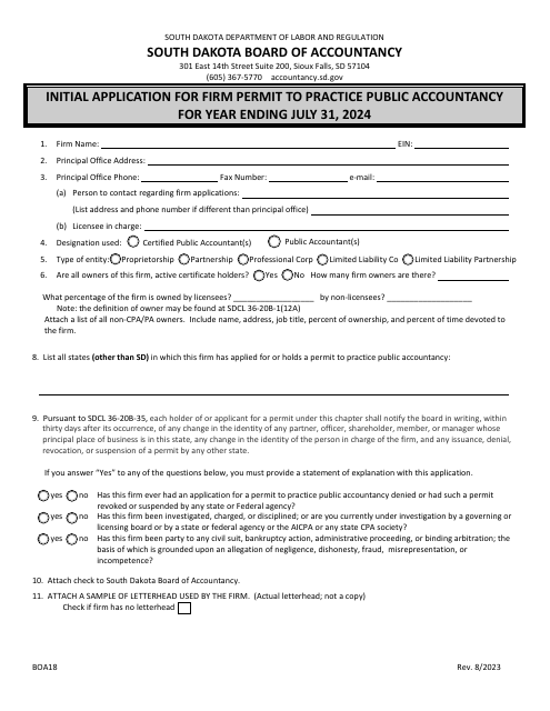 Form BOA18 Initial Application for Firm Permit to Practice Public Accountancy - South Dakota, 2024