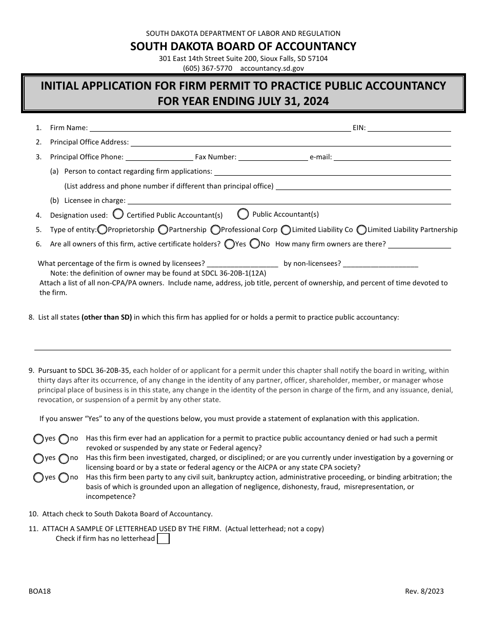 Form BOA18 Initial Application for Firm Permit to Practice Public Accountancy - South Dakota, Page 1