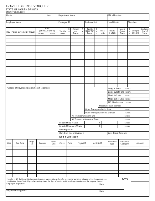 Form SFN52785 Travel Expense Voucher - North Dakota