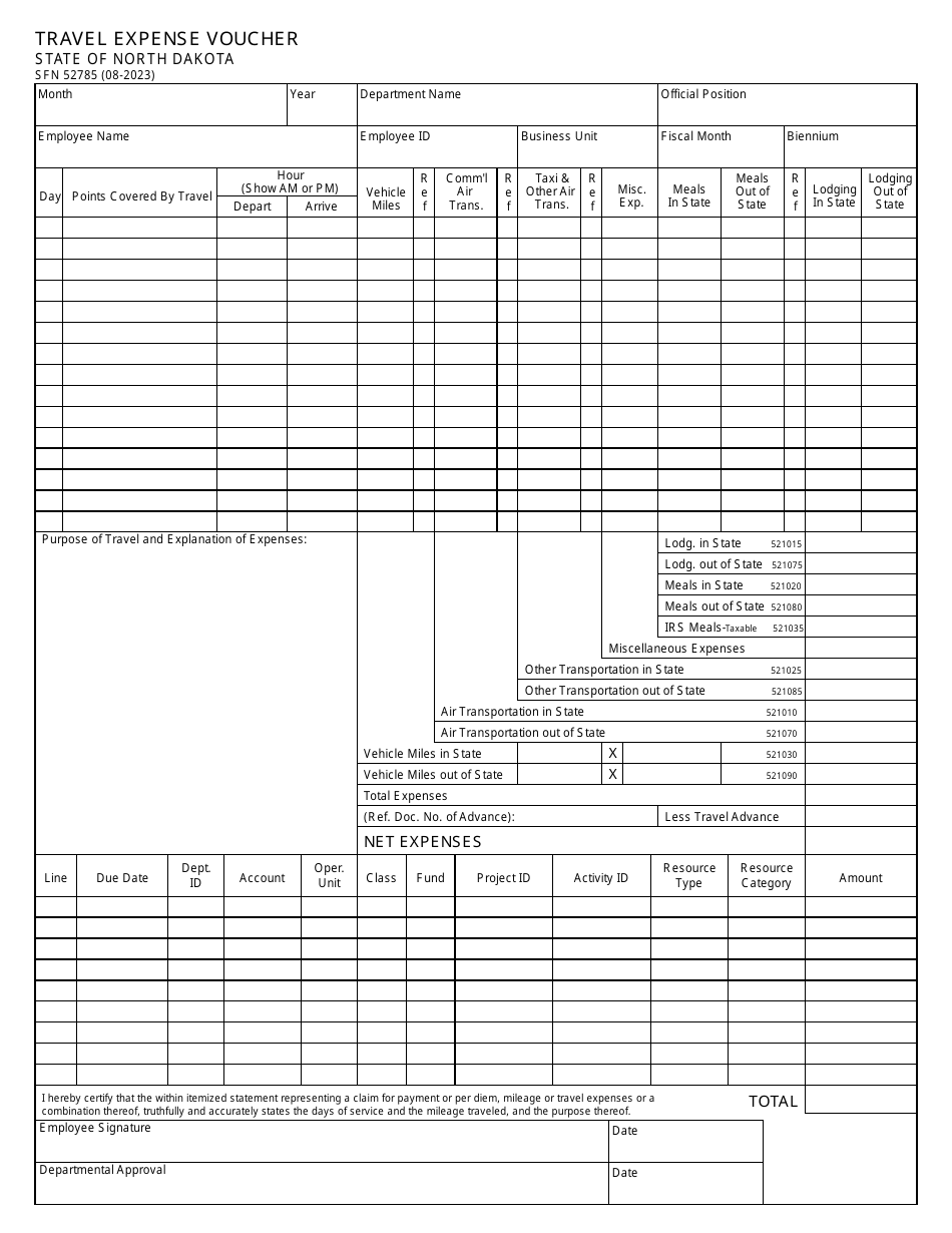 Form SFN52785 Download Fillable PDF or Fill Online Travel Expense