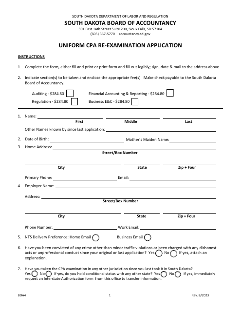 Form BOA4 Uniform CPA Re-examination Application - South Dakota