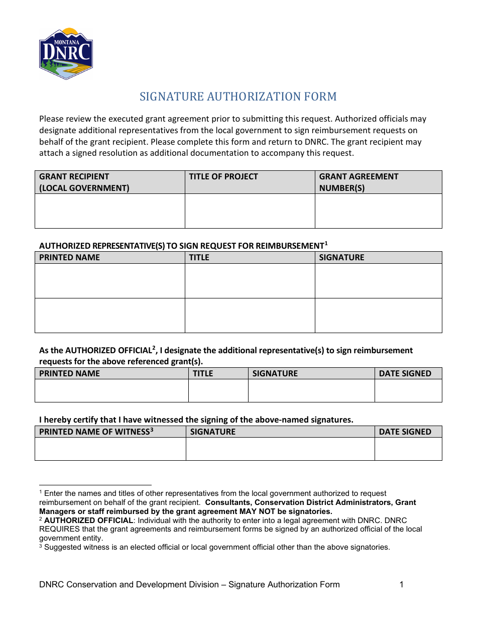 Signature Authorization Form - Montana, Page 1