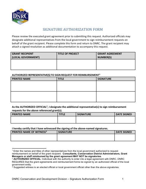 Signature Authorization Form - Montana Download Pdf