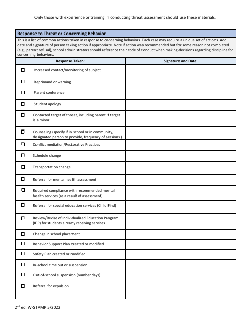 Wisconsin School Threat Assessment Forms - Phase Iii - Response to Threat or Concerning Behavior - Wisconsin Download Pdf