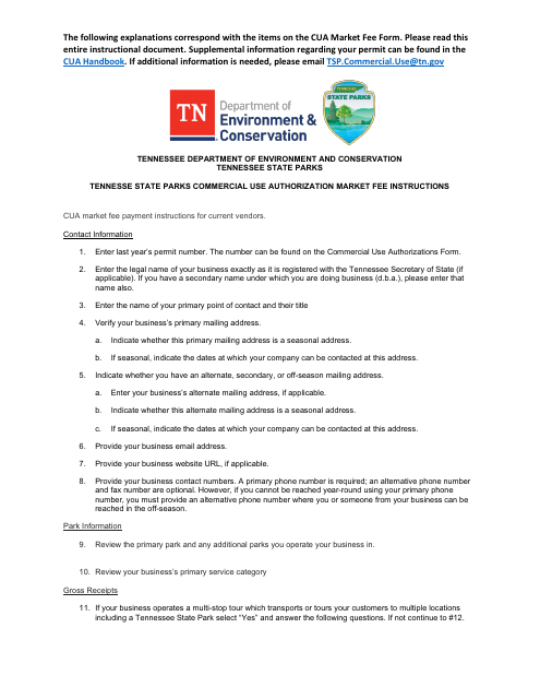 Instructions for Tennesse State Parks Commercial Use Authorization Market Fee - Tennessee Download Pdf