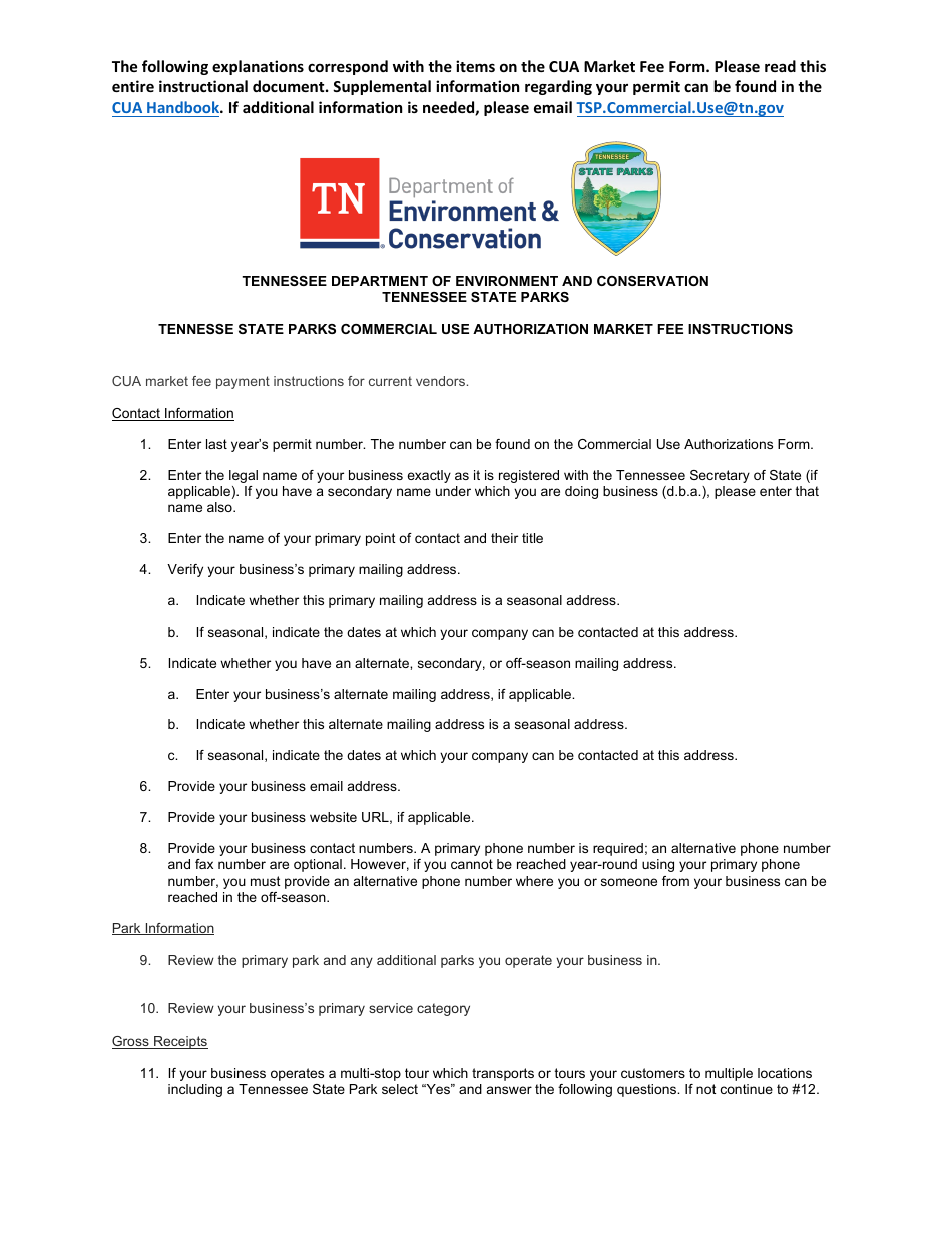 Instructions for Tennesse State Parks Commercial Use Authorization Market Fee - Tennessee, Page 1