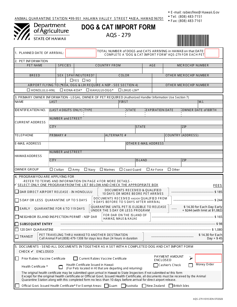 Form AQS279 Download Fillable PDF or Fill Online Dog & Cat Import Form
