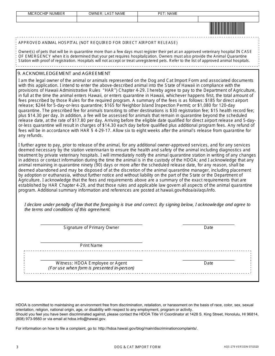 Form AQS-279 Dog  Cat Import Form - Hawaii, Page 3