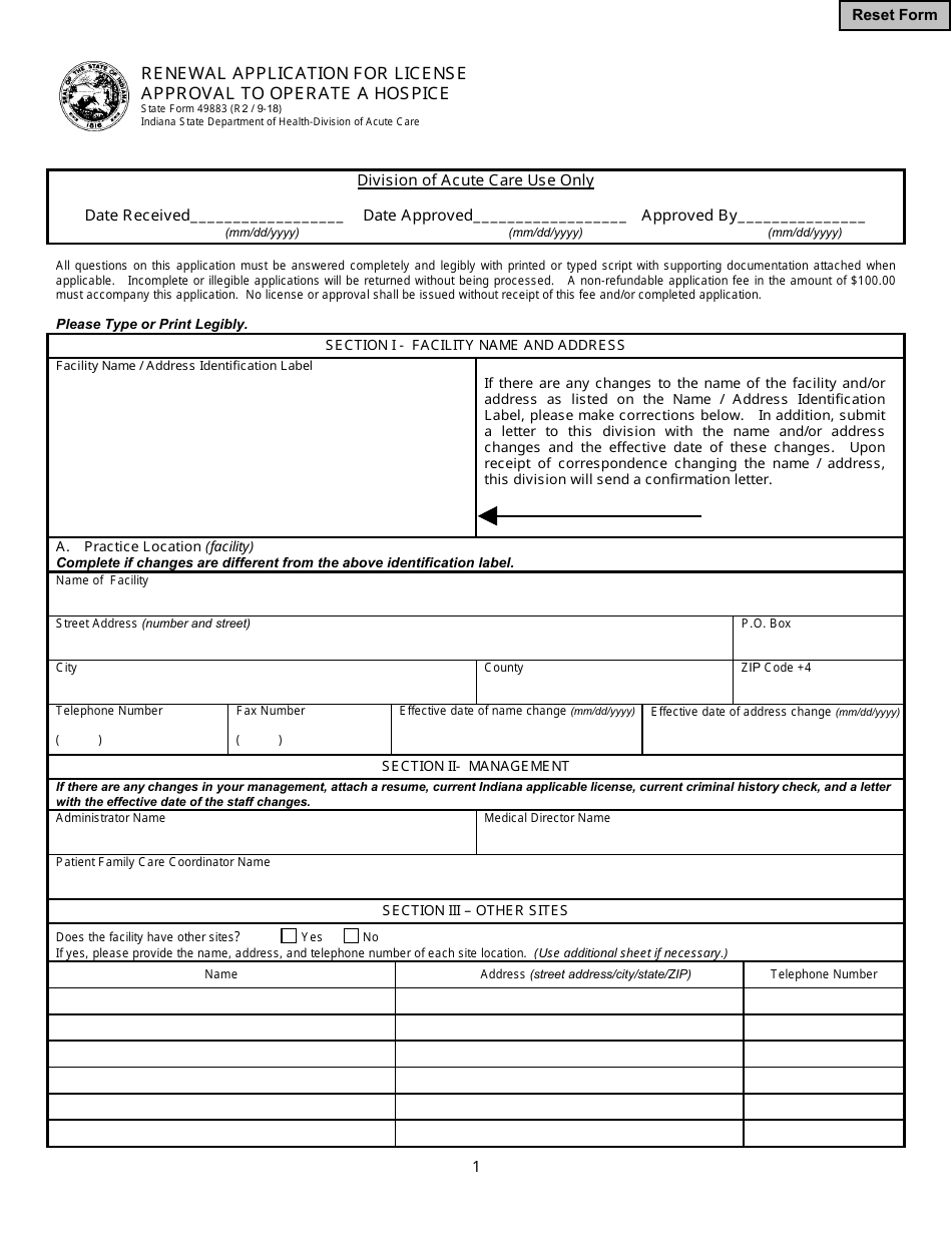 State Form 49883 Renewal Application for License Approval to Operate a Hospice - Indiana, Page 1