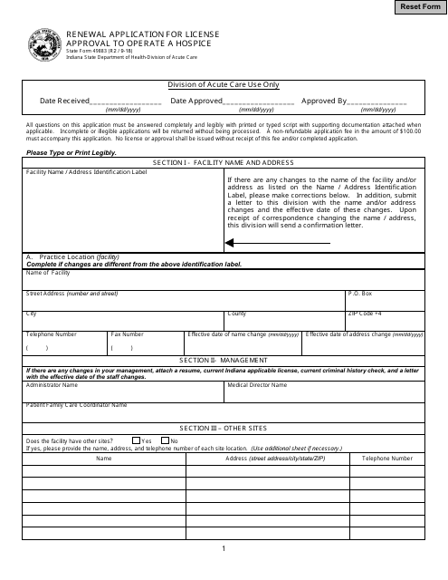 State Form 49883 Renewal Application for License Approval to Operate a Hospice - Indiana