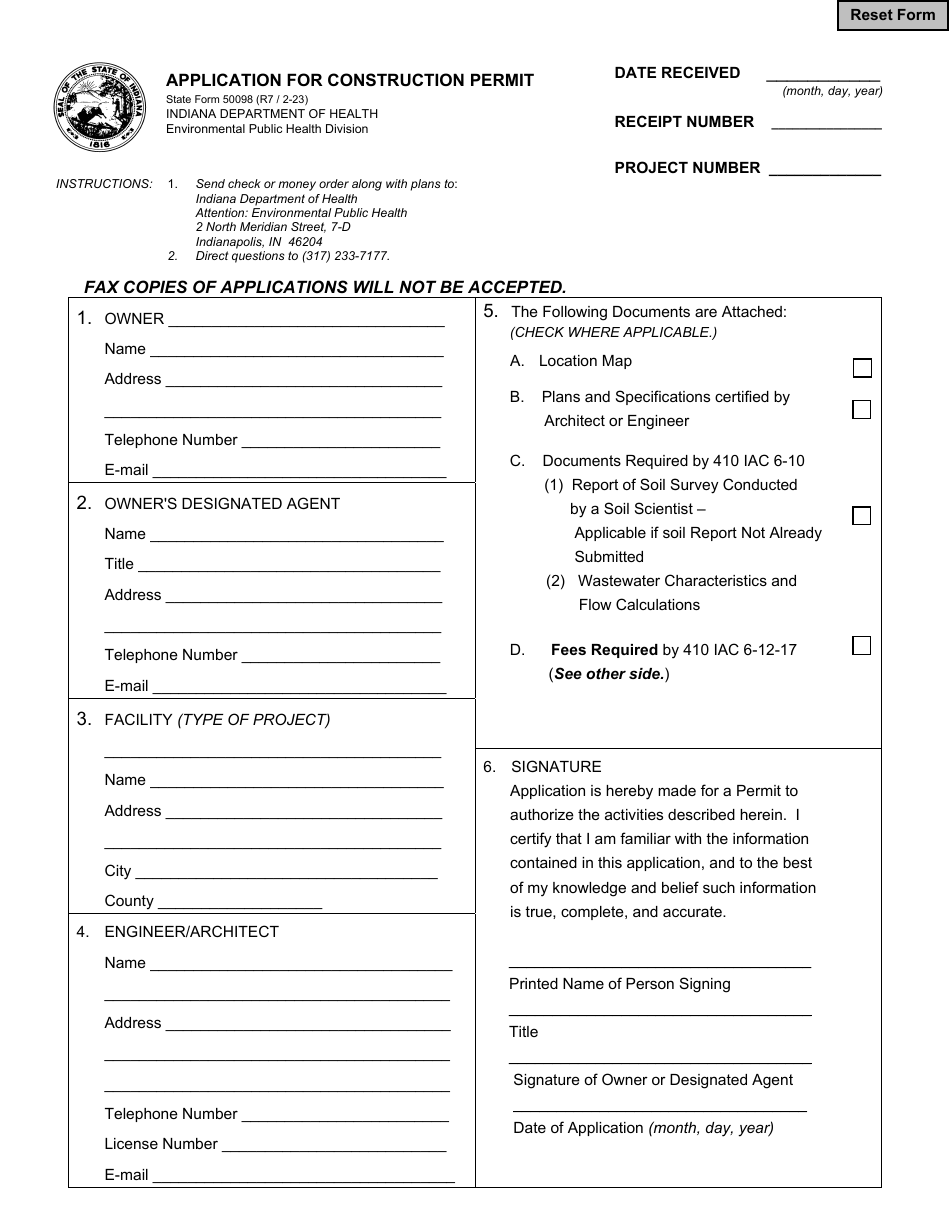 State Form 50098 Application for Construction Permit - Indiana, Page 1