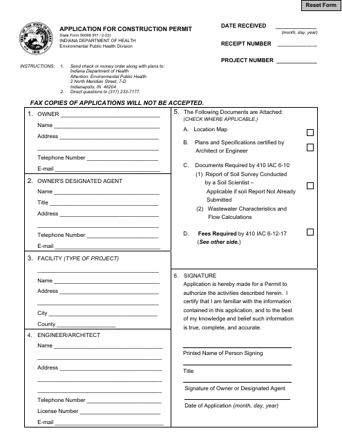 State Form 50098 Application for Construction Permit - Indiana