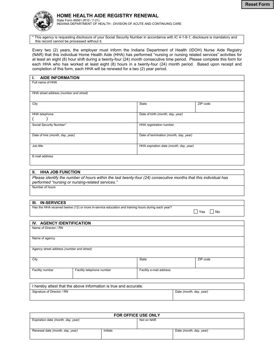 State Form 49561 Home Health Aide Registry Renewal - Indiana, Page 1
