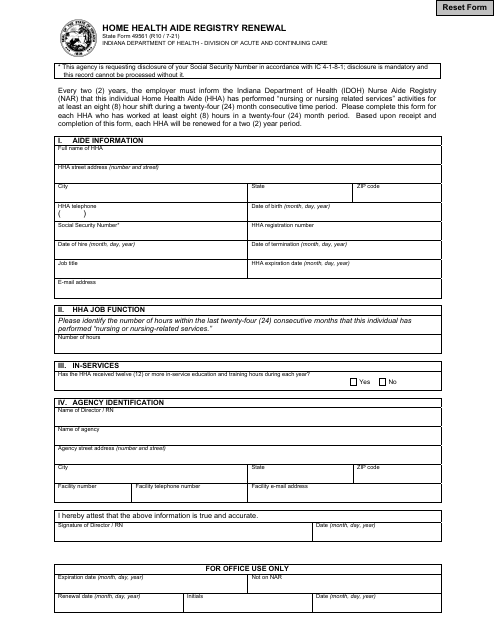State Form 49561 Home Health Aide Registry Renewal - Indiana