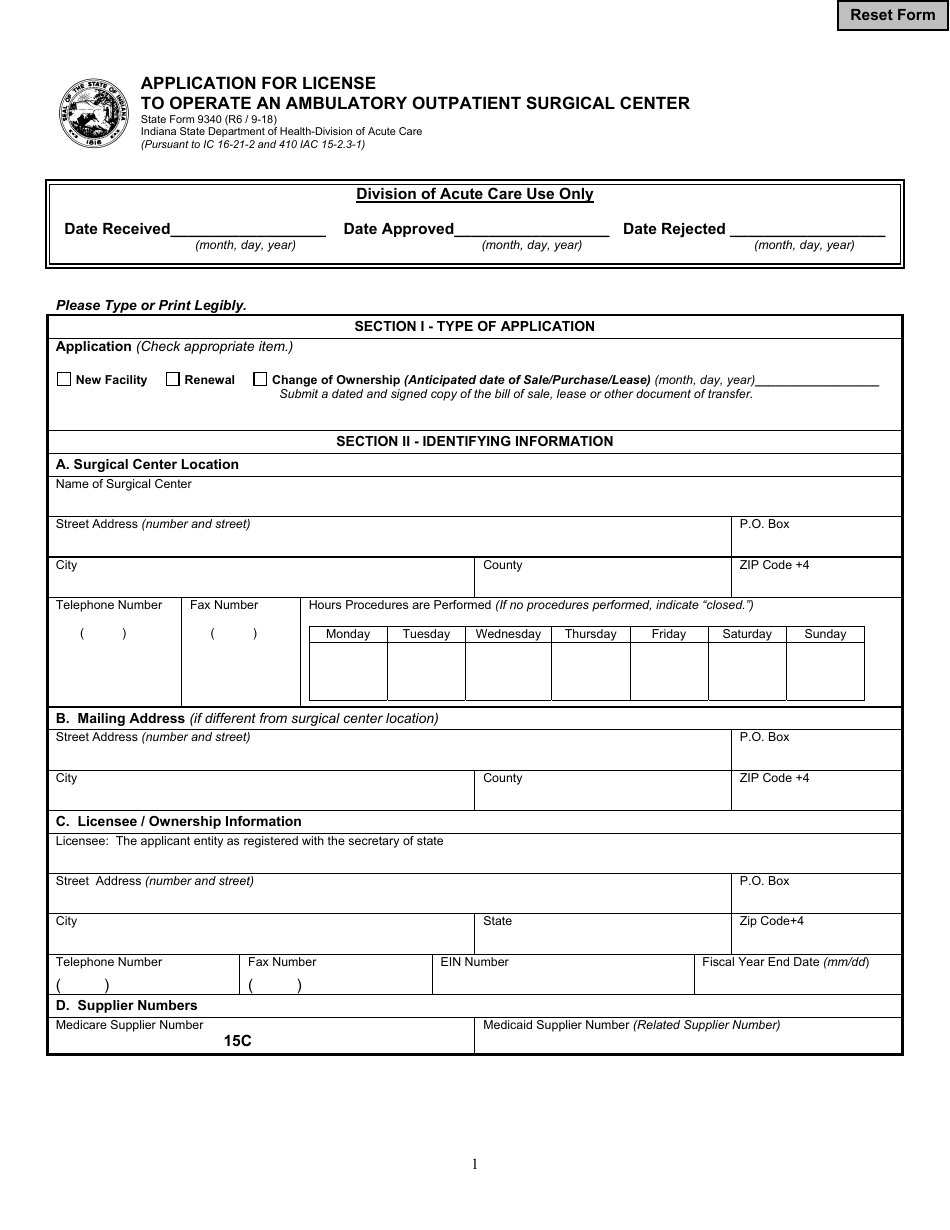 State Form 9340 Application for License to Operate an Ambulatory Outpatient Surgical Center - Indiana, Page 1