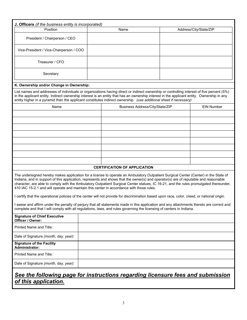 State Form 9340 Application for License to Operate an Ambulatory Outpatient Surgical Center - Indiana, Page 3