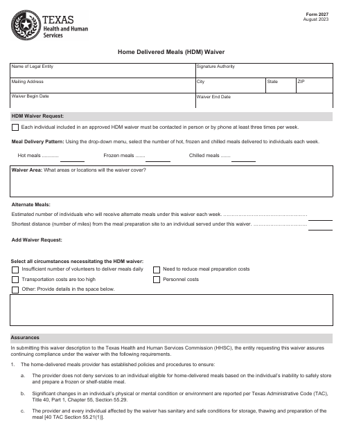 Form 2027 Home Delivered Meals (Hdm) Waiver - Texas