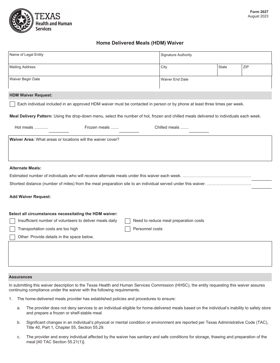 Form 2027 Home Delivered Meals (Hdm) Waiver - Texas, Page 1
