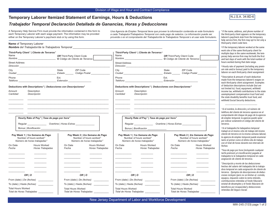 Form MW-24S Temporary Laborer Itemized Statement of Earnings, Hours  Deductions - New Jersey (English / Spanish), Page 1