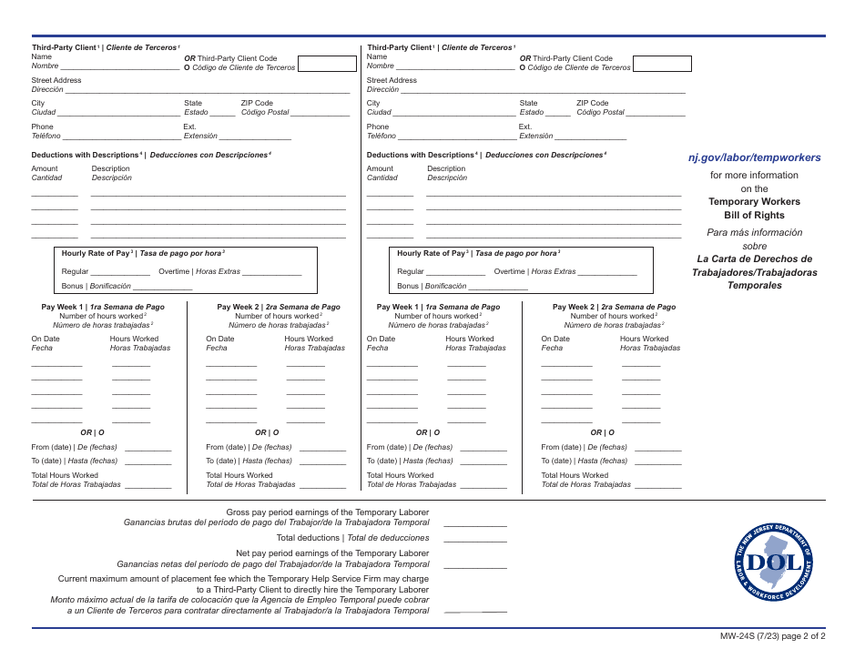 Form MW-24S Temporary Laborer Itemized Statement of Earnings, Hours  Deductions - New Jersey (English / Spanish), Page 2