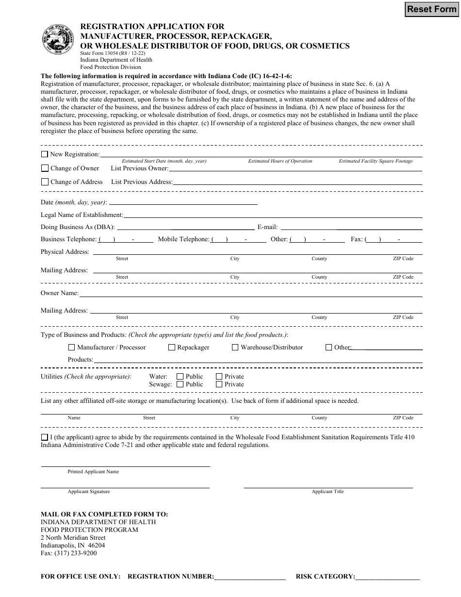State Form 13054 Registration Application for Manufacturer, Processor, Repackager, or Wholesale Distributor of Food, Drugs, or Cosmetics - Indiana, Page 1